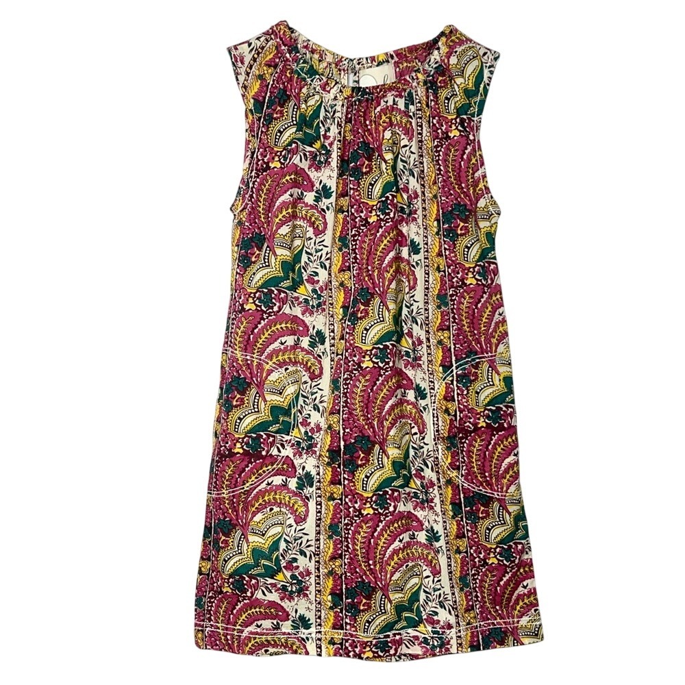 Peek Girls Size Med 6-7 Paisley Dress Green Maroon Floral Pullover Short Sleeves